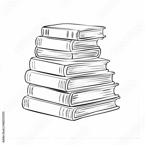 Books stacked drawing. It is a black and white outline image depicting a tall stack of books, symbolizing knowledge and education. Vector sketch line art draw.
