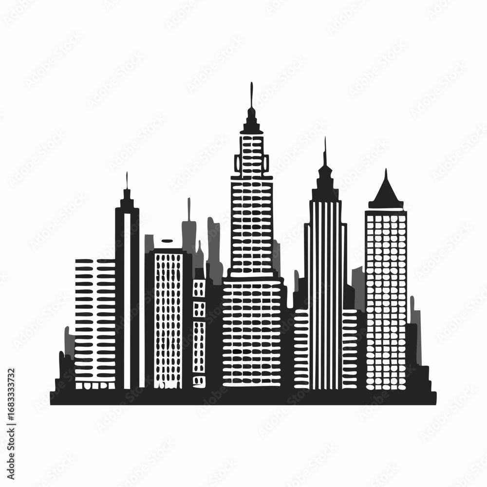 Naklejka premium Gotham city silhouette. This shows a bold black white Gotham city silhouette, also urban skyline, with tall spires and buildings, evoking a dark, mysterious metropolis. clipart illustration design.