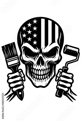 Skull with American flag and paintbrush, patriotic black and white vector illustration
