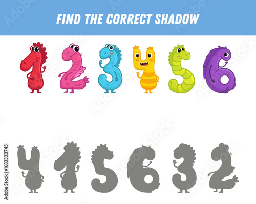Find correct shadow of monsters. Educational logical game for kids. Cartoon monster digits. Vector illustration