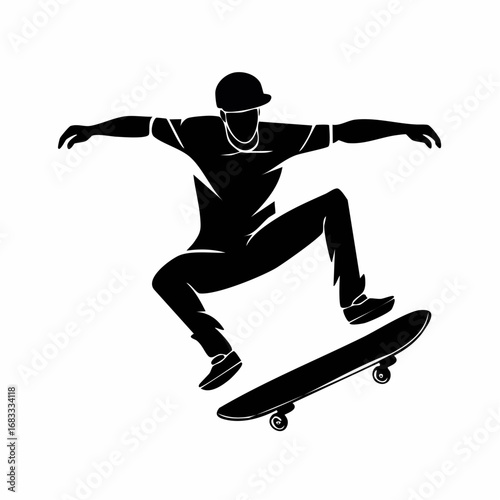 Skateboarder silhouette. This image shows a black silhouette of a skateboarder performing a trick, showcasing balance, agility, and dynamic motion. Vector clipart illustration design.