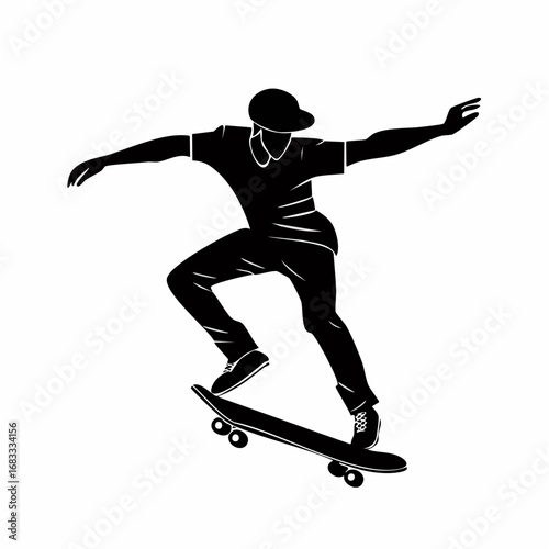 Skateboarder silhouette. This image shows a black silhouette of a skateboarder performing a trick, showcasing balance, agility, and dynamic motion. Vector clipart illustration design.