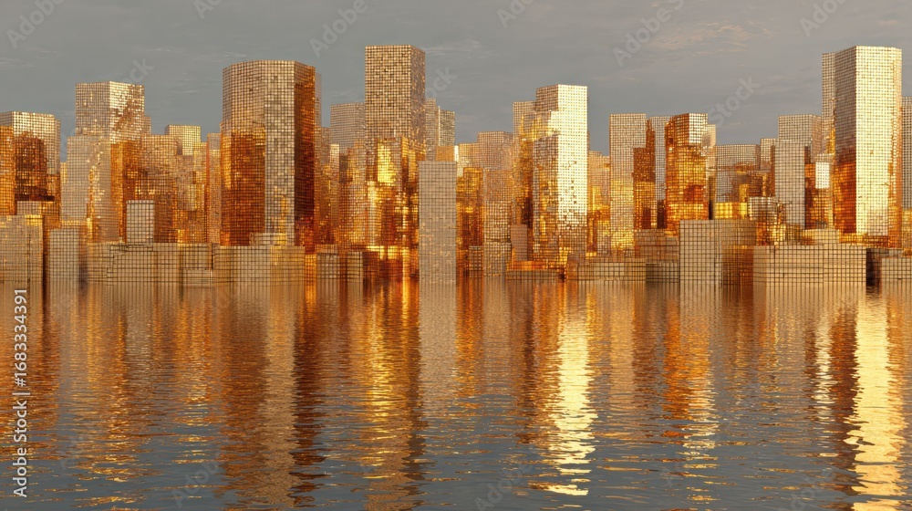 Fototapeta premium A 3D cityscape of transparent cubes shifts and evolves, representing the growth and continuous change in urban environments, highlighted by a glowing backdrop.