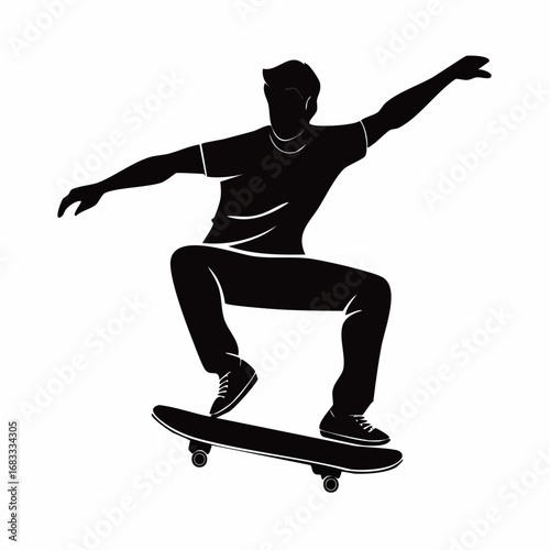 Skateboarder silhouette. This image shows a black silhouette of a skateboarder performing a trick, showcasing balance, agility, and dynamic motion. Vector clipart illustration design.