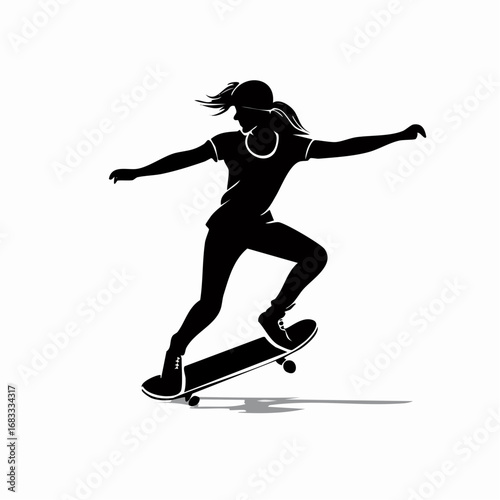 Skateboarder silhouette. This image shows a black silhouette of a skateboarder performing a trick, showcasing balance, agility, and dynamic motion. Vector clipart illustration design.