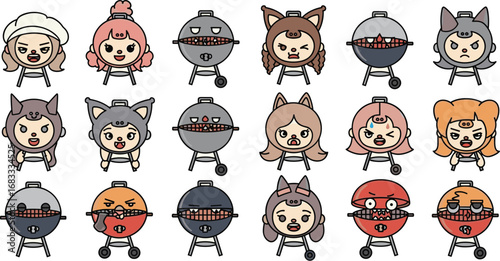 Cartoon character grill set, various moods and styles with anthropomorphic grills