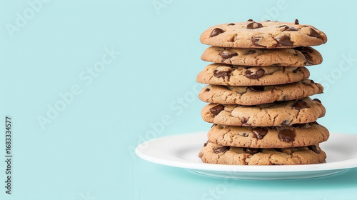 Delicious chocolate chip cookies stacked on white plate against light blue background, showcasing home baking theme with flat design and vibrant colors. Perfect for dessert or snack concepts