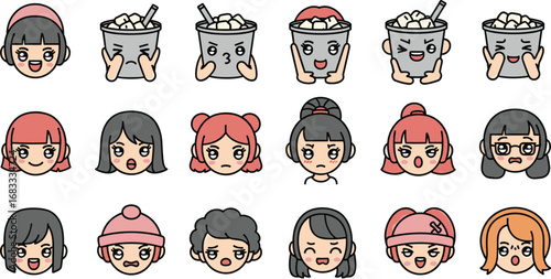 Cartoon faces with varied expressions and hairstyles, some holding ice buckets