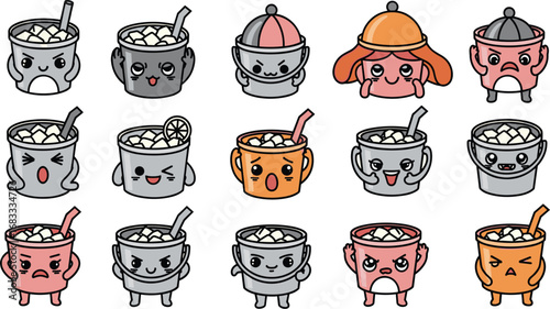 Cartoon ice bucket characters with various cute emotions, some with accessories.