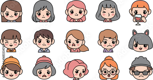 Cartoon faces express various emotions and styles, whimsical vector set.