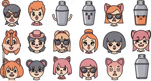 Cartoon face emoji collection with animal characters and cocktail shakers