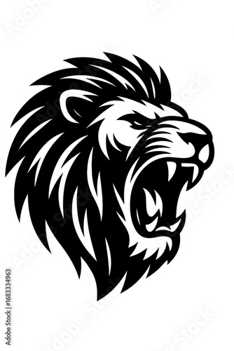 Roaring lion head in bold black and white vector style, strong and aggressive animal illustration for mascots and emblems
