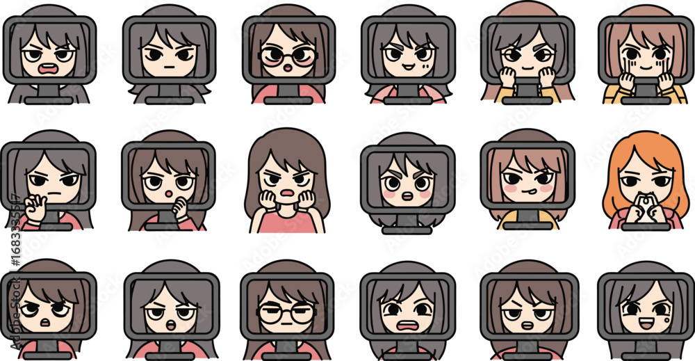 Obraz premium Cartoon girls with screen faces displaying emotions in a grid arrangement