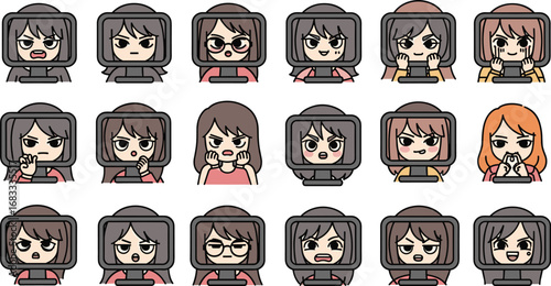 Cartoon girls with screen faces displaying emotions in a grid arrangement