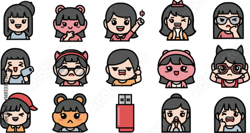 Cartoon girls with expressions and USB flash drive set