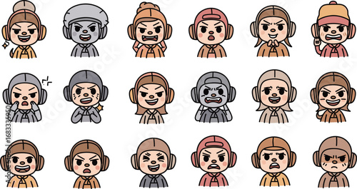 Cartoon set of pilots expressing different emotions and wearing helmets with earpieces
