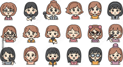 Cartoon girls with varied expressions in rows hold microphones