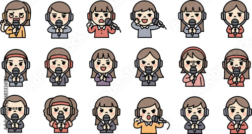 Cartoon people with headsets hold microphones and show various emotions