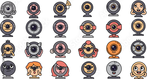 Cartoon webcam collection with diverse expressions and accessories in a playful design