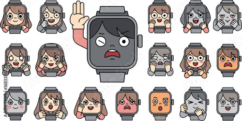 Cartoon faces express various emotions inside smartwatch screens with different hair and skin tones.