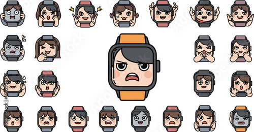 Cartoon smartwatch faces set, expressing various emotions and gestures in a playful illustration.