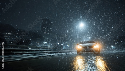 Snowy night cityscape with a car