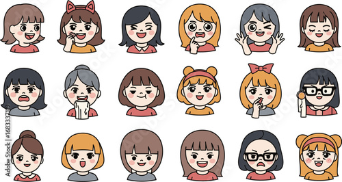 Cartoon girls portraits set with diverse expressions and hairstyles in a simple, flat design style.