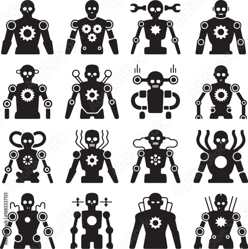 Diverse robot and cyborg silhouettes with mechanical parts android machine