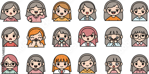 Cartoon faces collection showing various emotions. Vector illustration