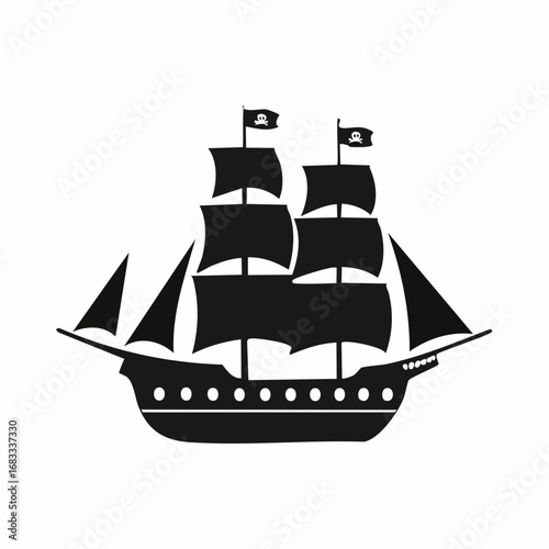 Pirate ship silhouette. This image shows a black silhouette of a pirate ship with multiple sails and masts, also known as a galleon or frigate. Vector clipart illustration design.