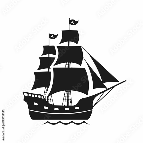 Pirate ship silhouette. This image shows a black silhouette of a pirate ship with multiple sails and masts, also known as a galleon or frigate. Vector clipart illustration design.