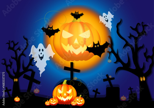 HALLOWEEN..Walpurgis Night .Lord of Halloween big pumpkin against the background of a big moon among crosses, bats and ghosts.