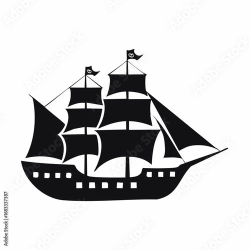 Pirate ship silhouette. This image shows a black silhouette of a pirate ship with multiple sails and masts, also known as a galleon or frigate. Vector clipart illustration design.