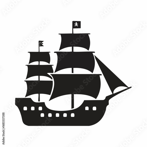 Pirate ship silhouette. This image shows a black silhouette of a pirate ship with multiple sails and masts, also known as a galleon or frigate. Vector clipart illustration design.