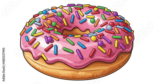 Vibrant and delicious cartoon illustration of a classic doughnut with sweet pink frosting and colorful rainbow sprinkles, isolated on a white background