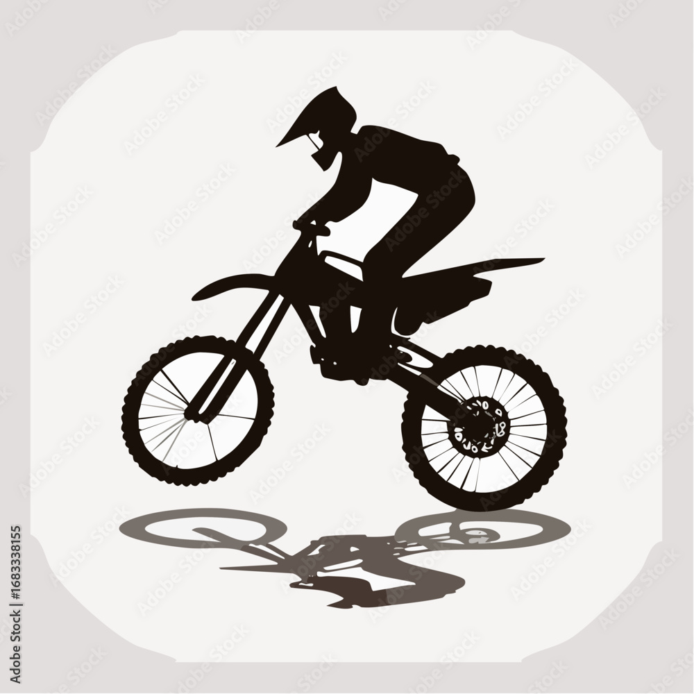 Obraz premium Dirt bike wheelie silhouette. This image shows a black silhouette of a rider performing a wheelie on a dirt bike, highlighting thrill and motion. Vector clipart illustration design.