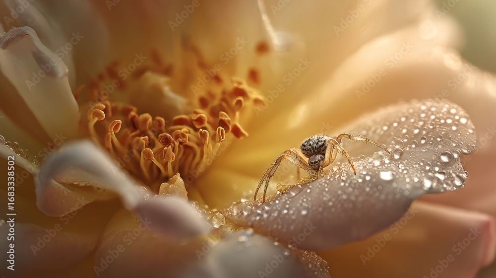 Obraz premium A delicate close-up of a flower showcasing its intricate details. A tiny spider sits on a petal adorned with droplets of water, capturing the beauty of nature in stunning clarity.