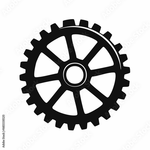 Bike sprocket silhouette. This image shows a black silhouette of a circular bike sprocket with visible teeth, symbolizing mechanics and engineering. Vector clipart illustration design.