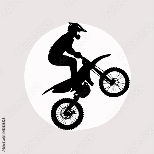 Dirt bike wheelie silhouette. This image shows a black silhouette of a rider performing a wheelie on a dirt bike, highlighting thrill and motion. Vector clipart illustration design.