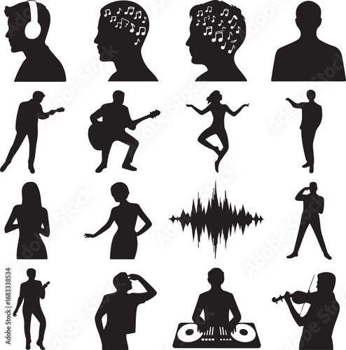 Silhouettes of people enjoying music and playing instruments person dancing