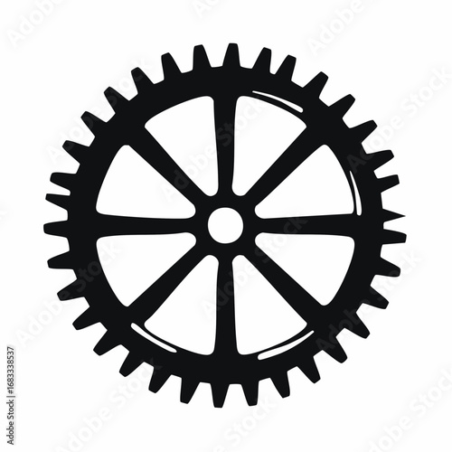 Bike sprocket silhouette. This image shows a black silhouette of a circular bike sprocket with visible teeth, symbolizing mechanics and engineering. Vector clipart illustration design.