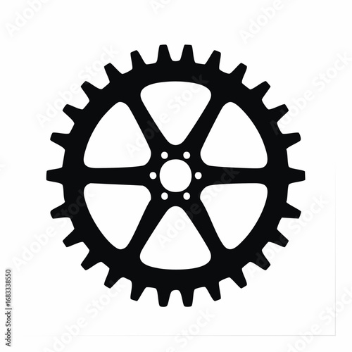 Bike sprocket silhouette. This image shows a black silhouette of a circular bike sprocket with visible teeth, symbolizing mechanics and engineering. Vector clipart illustration design.