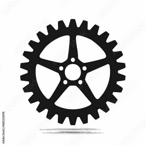 Bike sprocket silhouette. This image shows a black silhouette of a circular bike sprocket with visible teeth, symbolizing mechanics and engineering. Vector clipart illustration design.