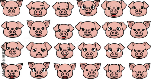 Cartoon pig faces with diverse expressions in rows