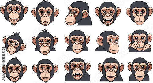 Cartoon chimpanzee faces show diverse emotions and expressions.