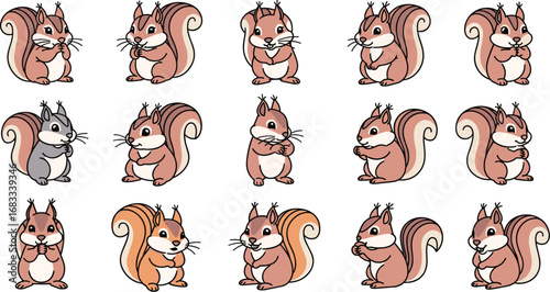 Collection of cartoon squirrels in various colors and poses on white background.