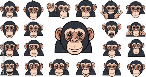 Chimpanzee faces set. Vector collection of cartoon apes in different emotions, funny expressions, hands, monkey heads, sticker for decorative, sticker.
