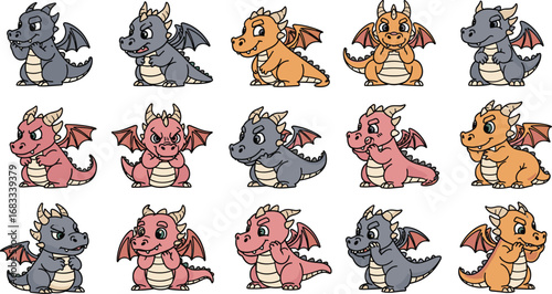 Cartoon dragons collection with various colors and poses on light background