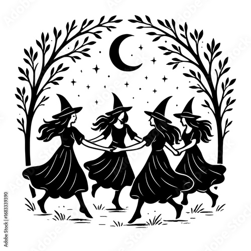 Three witches dancing in a circle under full moon with trees and stars, mystical Halloween design
