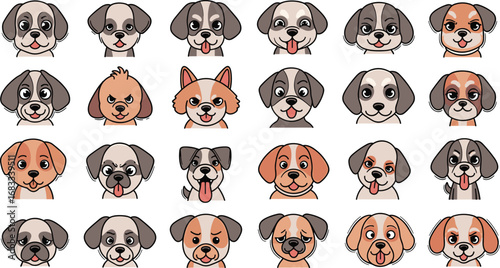 Collection of twenty-one dog cartoon heads with varying expressions